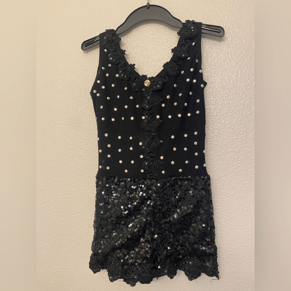Glamour solo dance costume black mesh biketard bling bedazzled MA adult