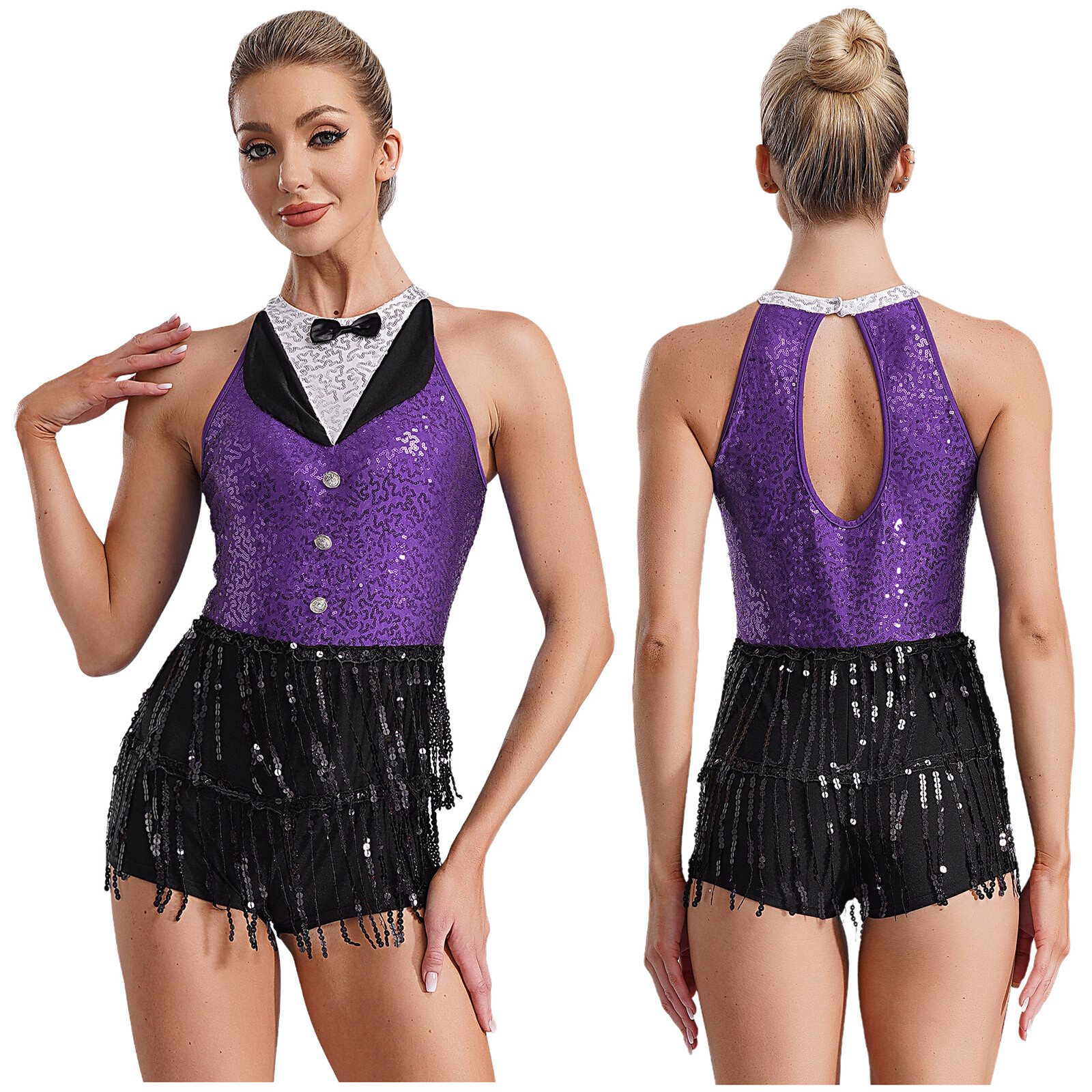 US Women Leotard Tuxedo Costume Role Play Bodysuit Rumba Rompers Latin Dancewear