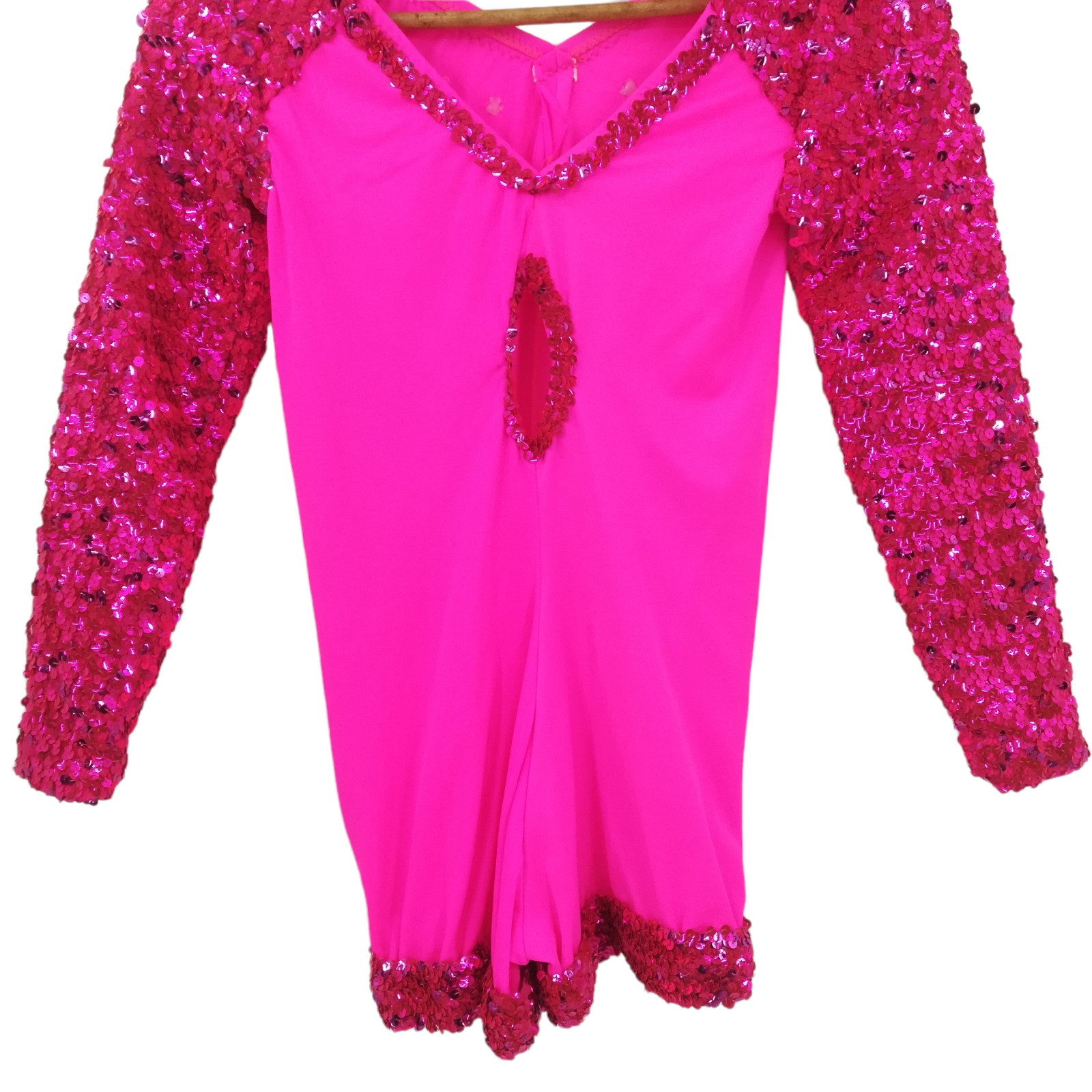 Adult Womans Long Sleeve One Piece Shorts Sequin Dance Costume Size S? Hot Pink