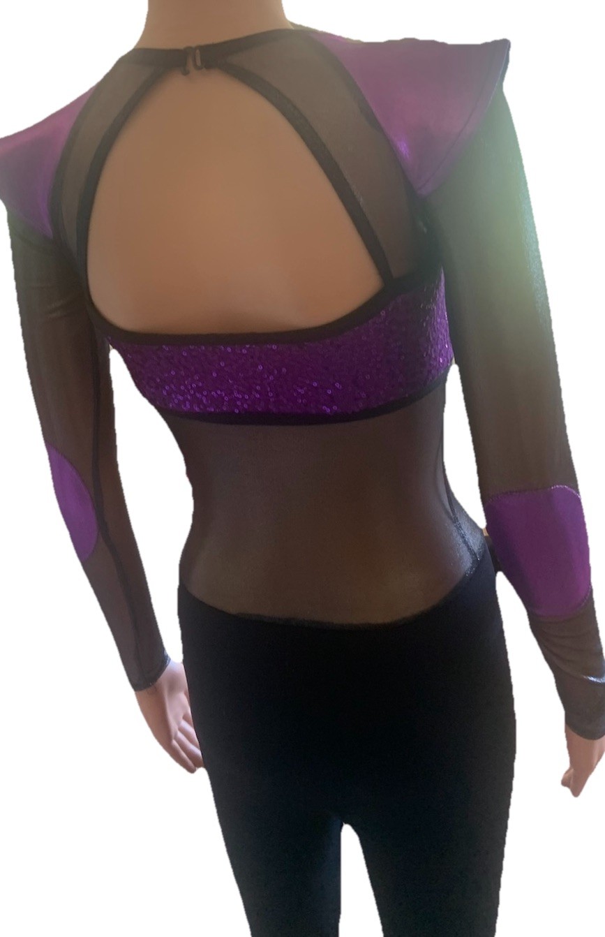 Small contemporary, solo, unitard, The Lineup Purple/black Mesh Sleeves Sides
