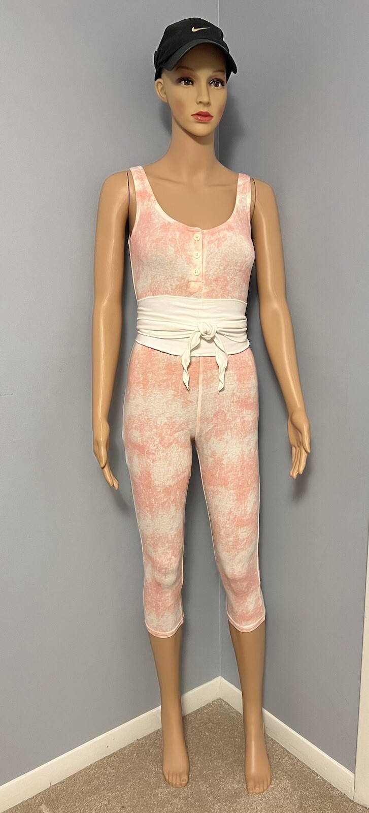 Vtg 80’s Aerobics Dance Jazzercise Pink Gear 1 L Capri Unitard w White Wrap Belt