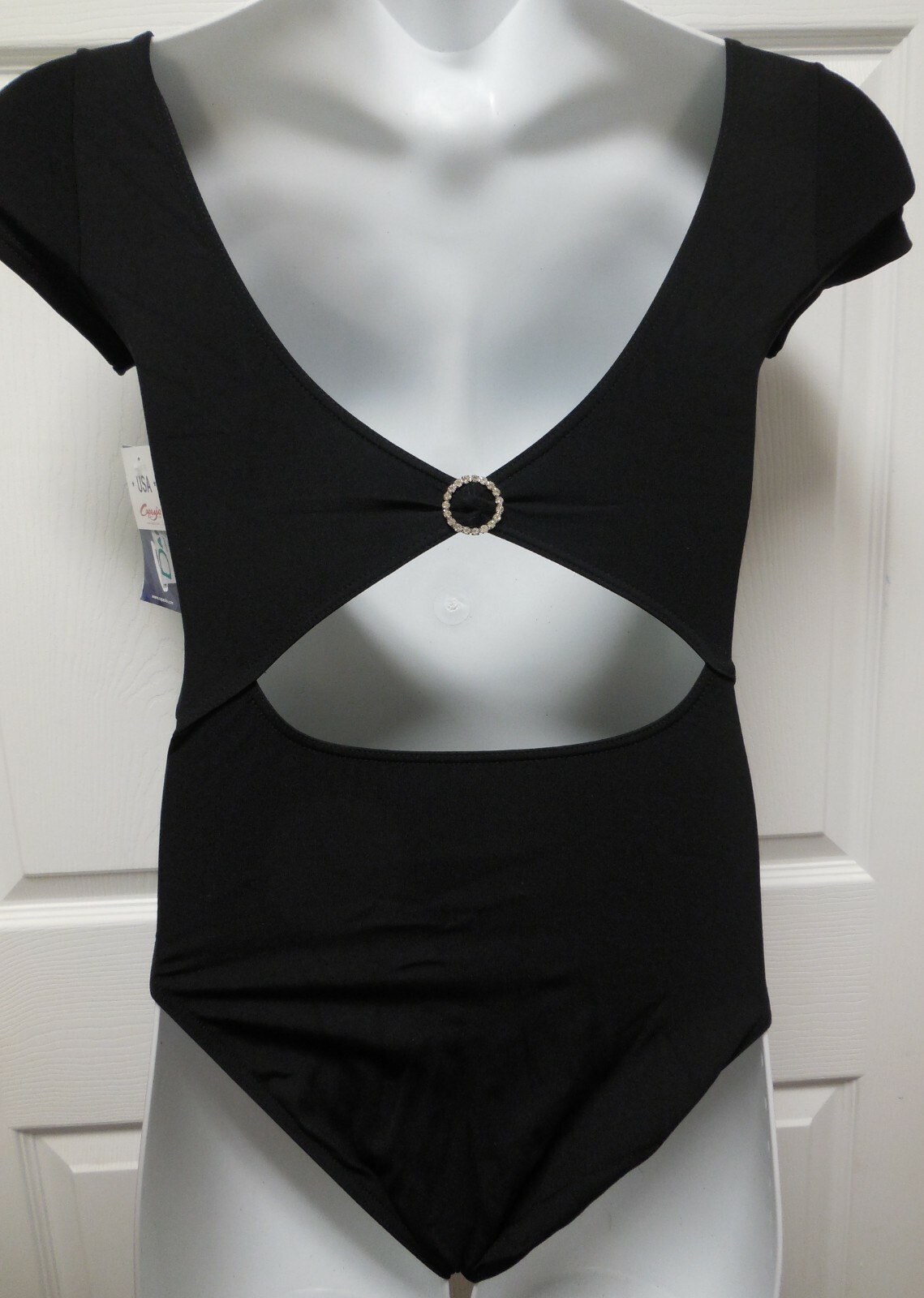 Black Capezio Cap Sleeve Leotard Rhinestone buckle back Ladies sz L or XL 7431