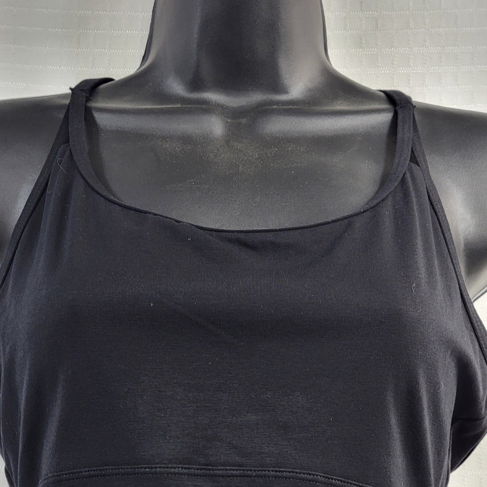 DanzNMotion Black Leotard Scoop Neck Empire Seam Open Back Vertical Straps SZ LA
