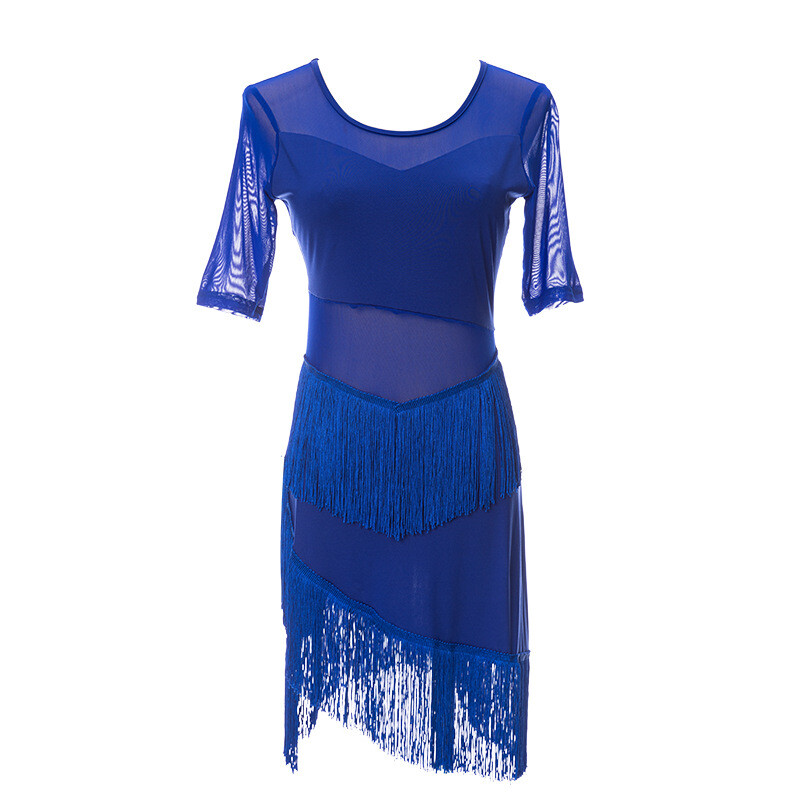 Women Tassel Dancewear Mesh Latin Dance Dress Ballroom Short Sleeve Tango