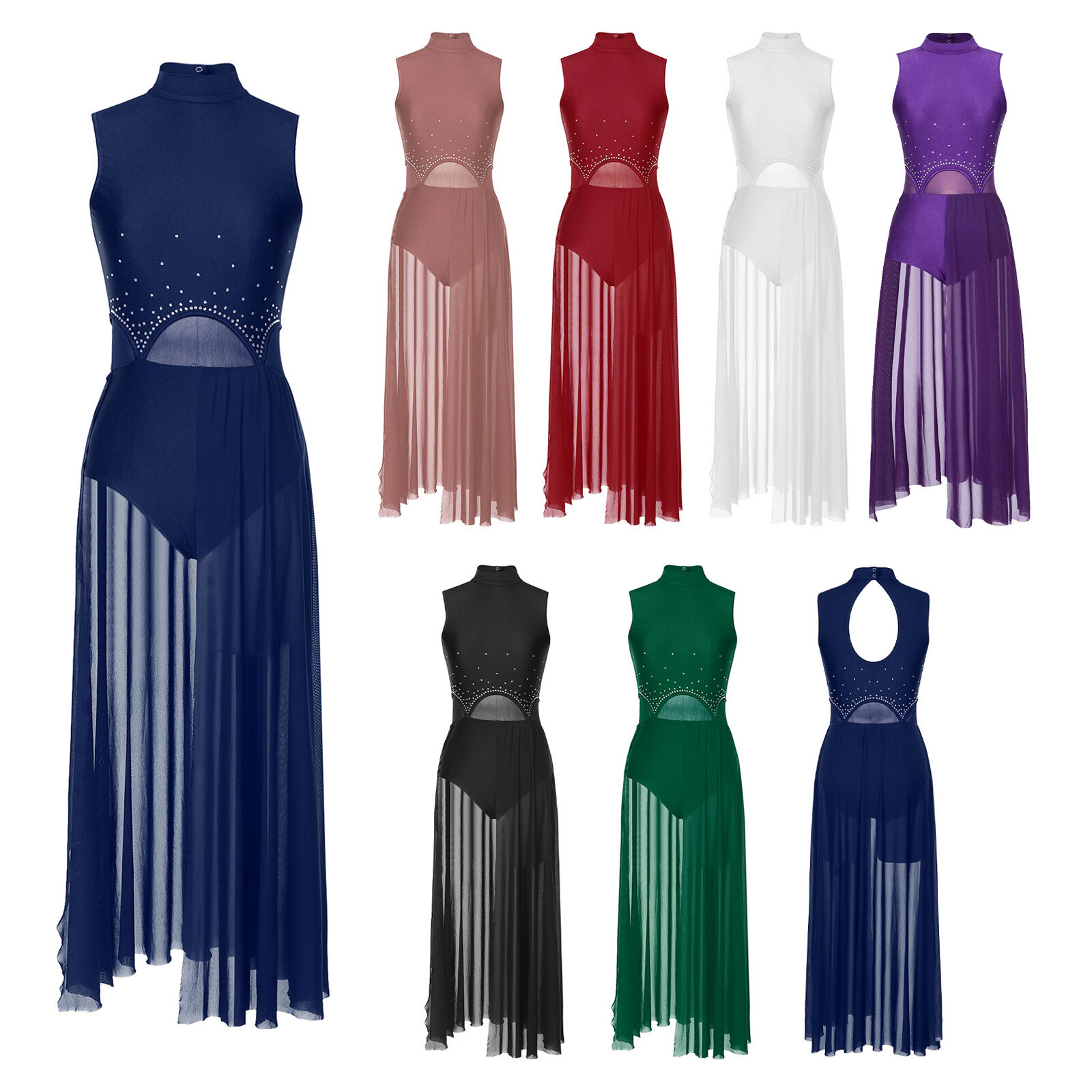 US Womens Leotard Patchwork Rhinestone Sleeveless Dress Party Dancewear Chiffon