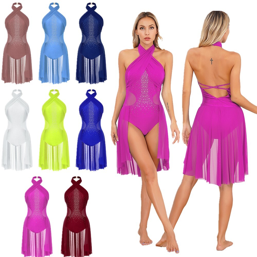 Women’s Dresses Lyrical Bodysuits Mesh Dance Leotards Ruched Rompers Sleeveless