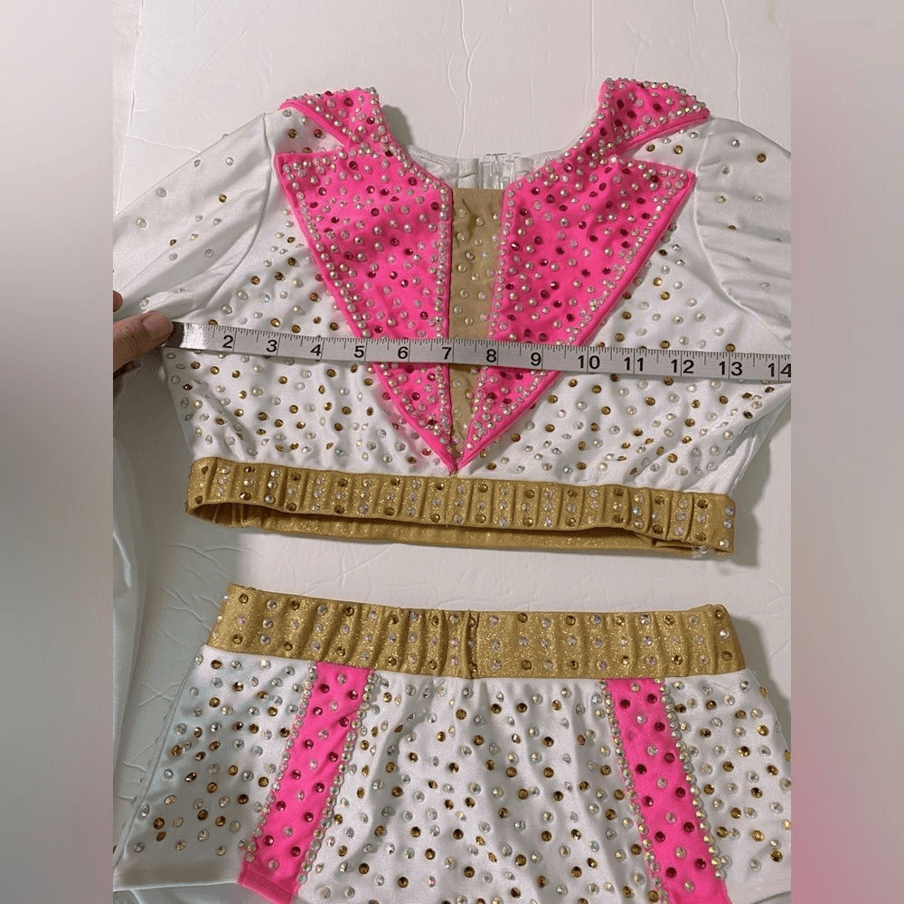 Glamour Solo Dance Costume Elvis 2 Piece White Pink Rhinestoned SA Adult Jazz
