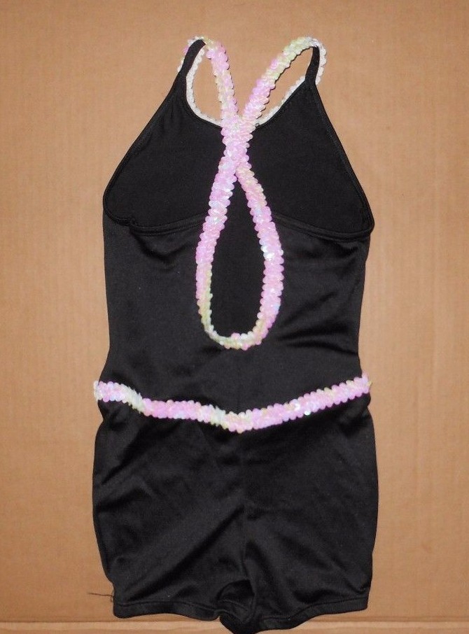 DANCE COSTUME SHORTY UNITARD BLACK WHITE IRIDESCENT Sequin keyhole back Jazz