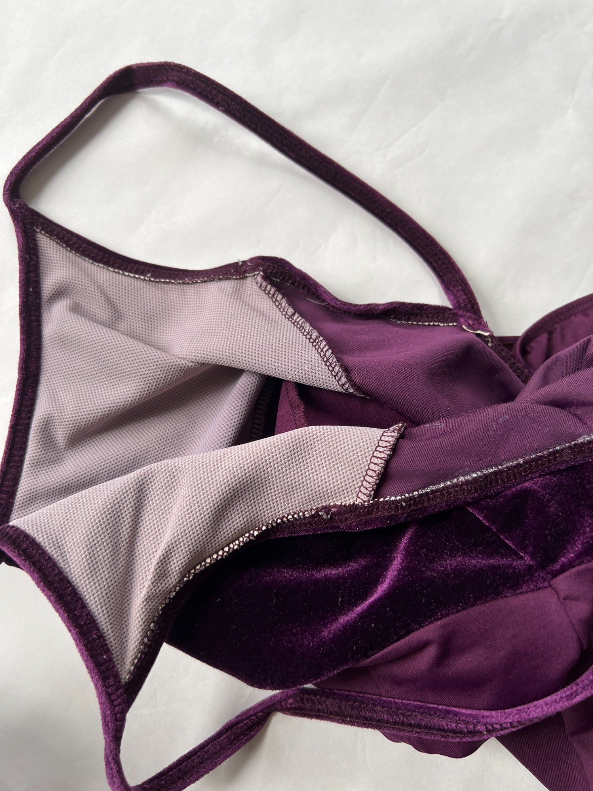 Ainsliewear plum purple leotard with velvet trim- size L