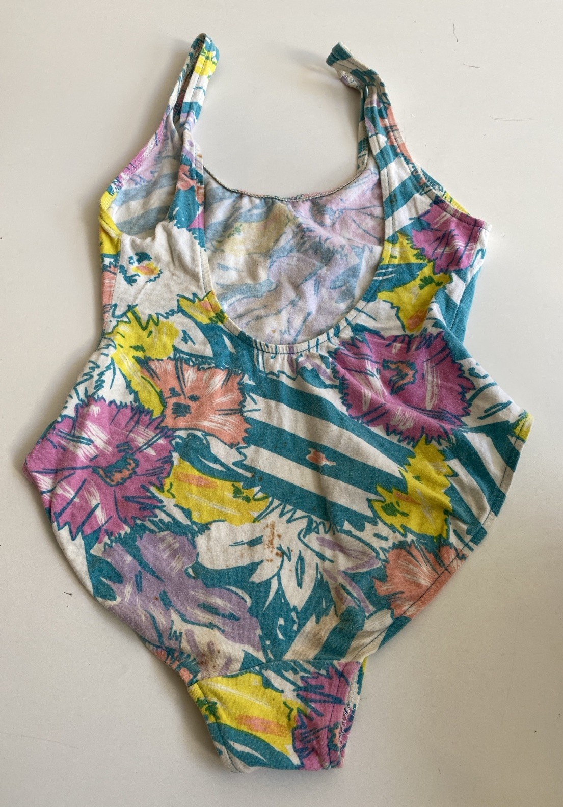 Vintage 80s S Sea Weed California Leotard Floral Stripes Cotton Stretch