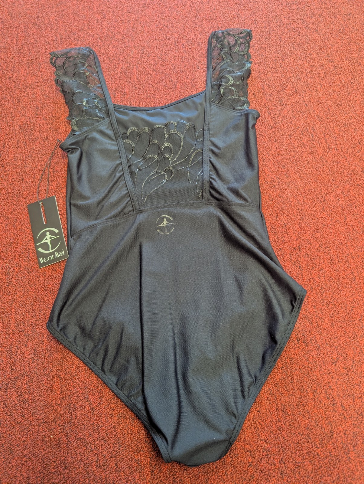 Wear Moi Peya Black With Black Scalloped Mesh Lace Cap Sleeve Leotard Ballet