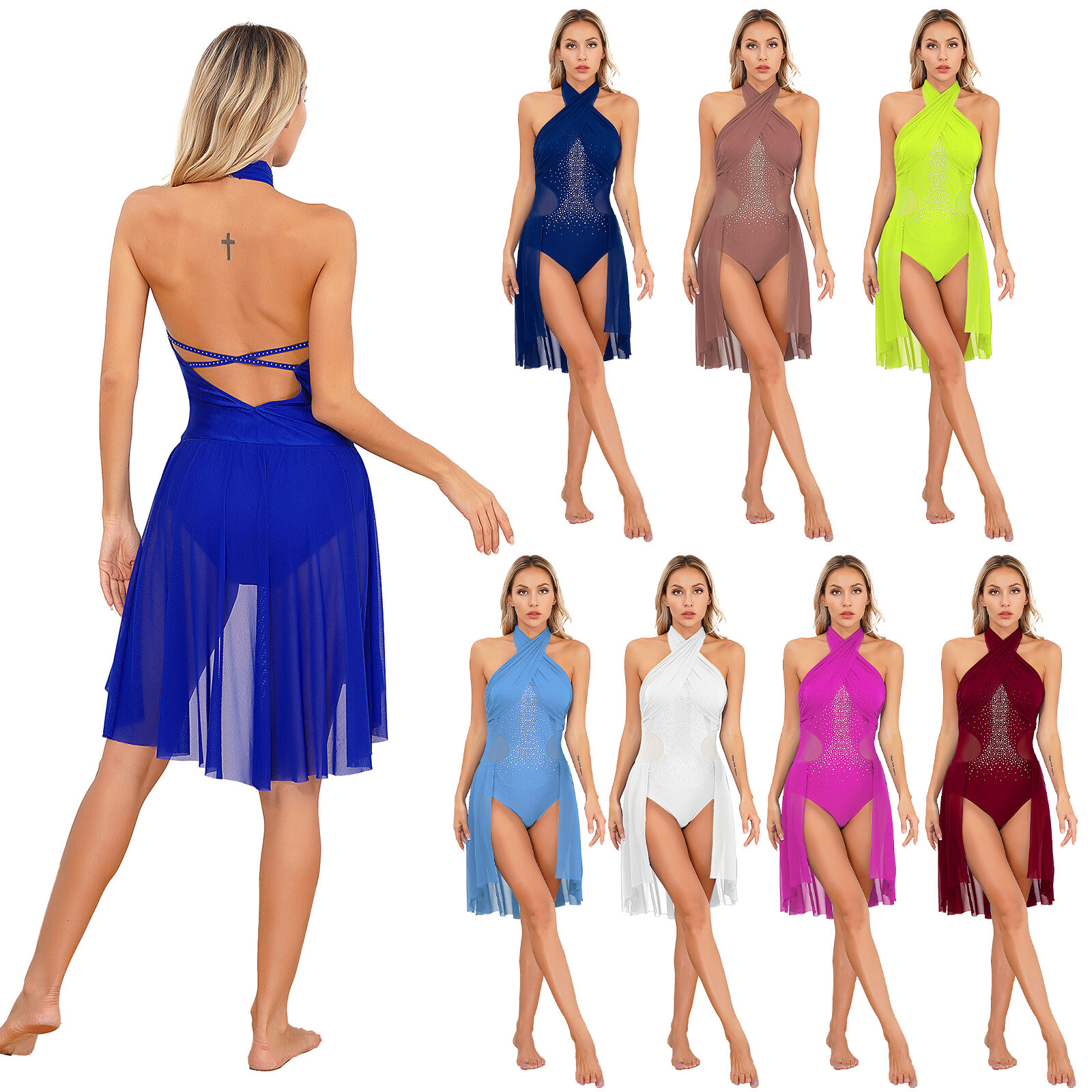 Women’s Dresses Lyrical Bodysuits Mesh Dance Leotards Ruched Rompers Sleeveless