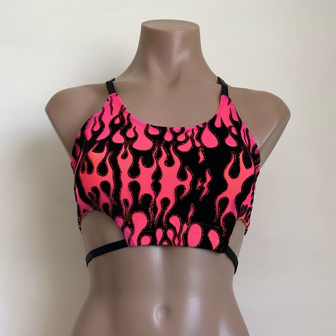 Schminke 🔥 UV neon Flames fire baby-evils bra top dance wear mesh spandex flame