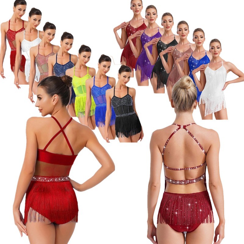 US Womens Rhinestone Latin Tango Dance Leotard Tassels One Piece Halter Bodysuit