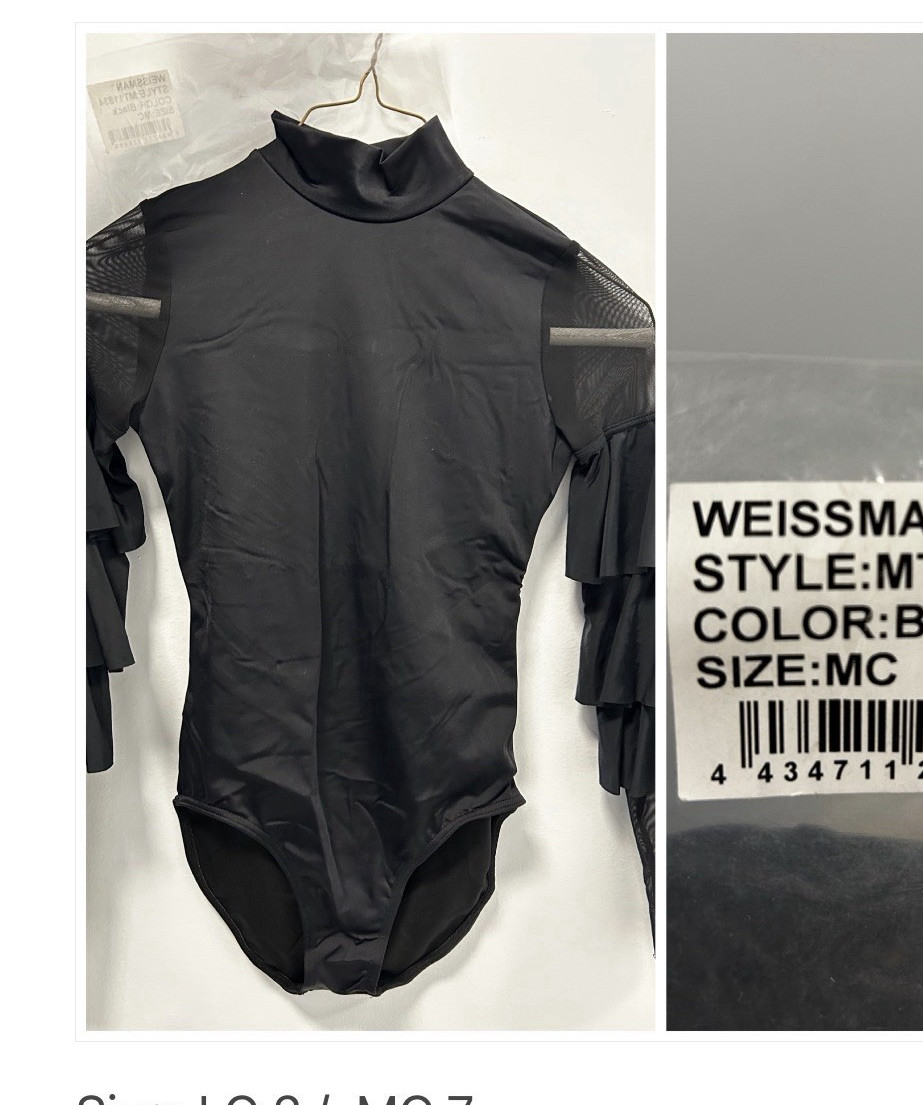 Weissman Black Solid Mesh Ruffle Long Sleeve Women’s Dance Leotard MT11834