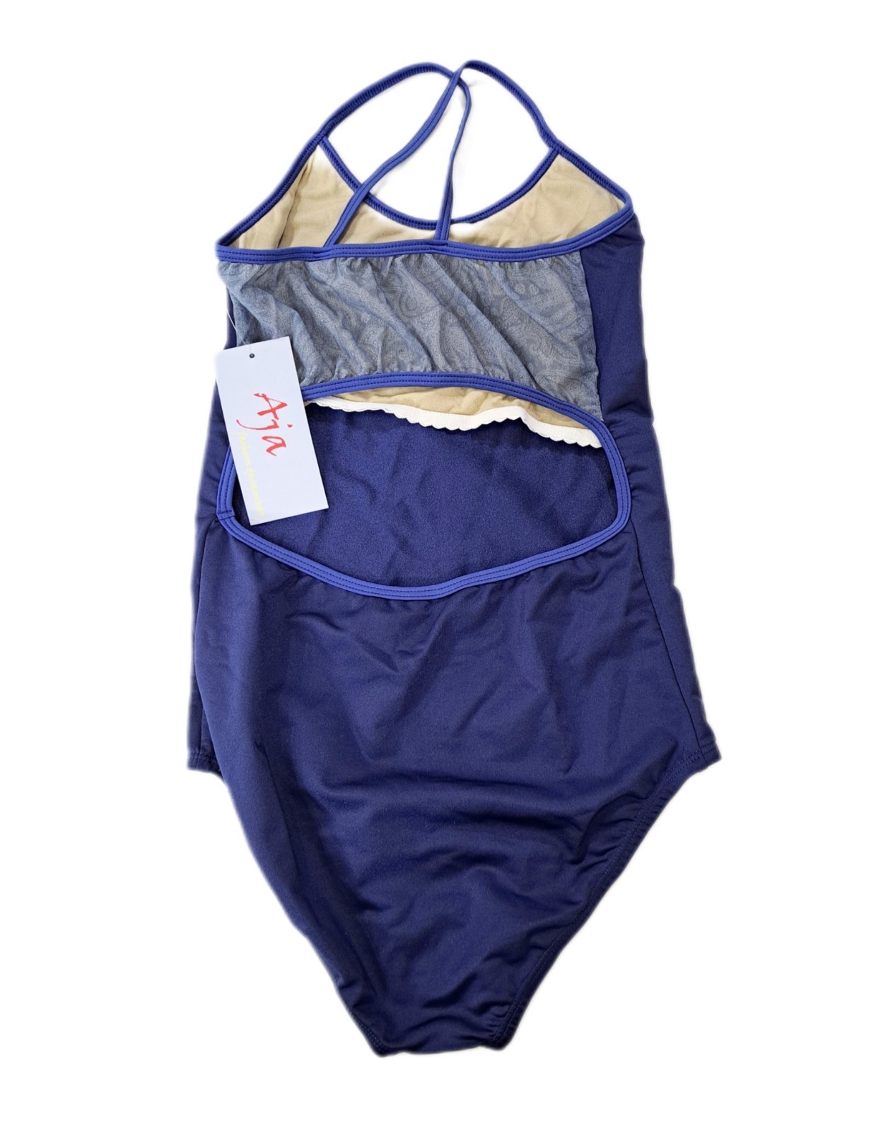 Aja VTG Blue Open Back Cutout Mesh Lace Crossback Tank Leotard AM/MA Size Medium