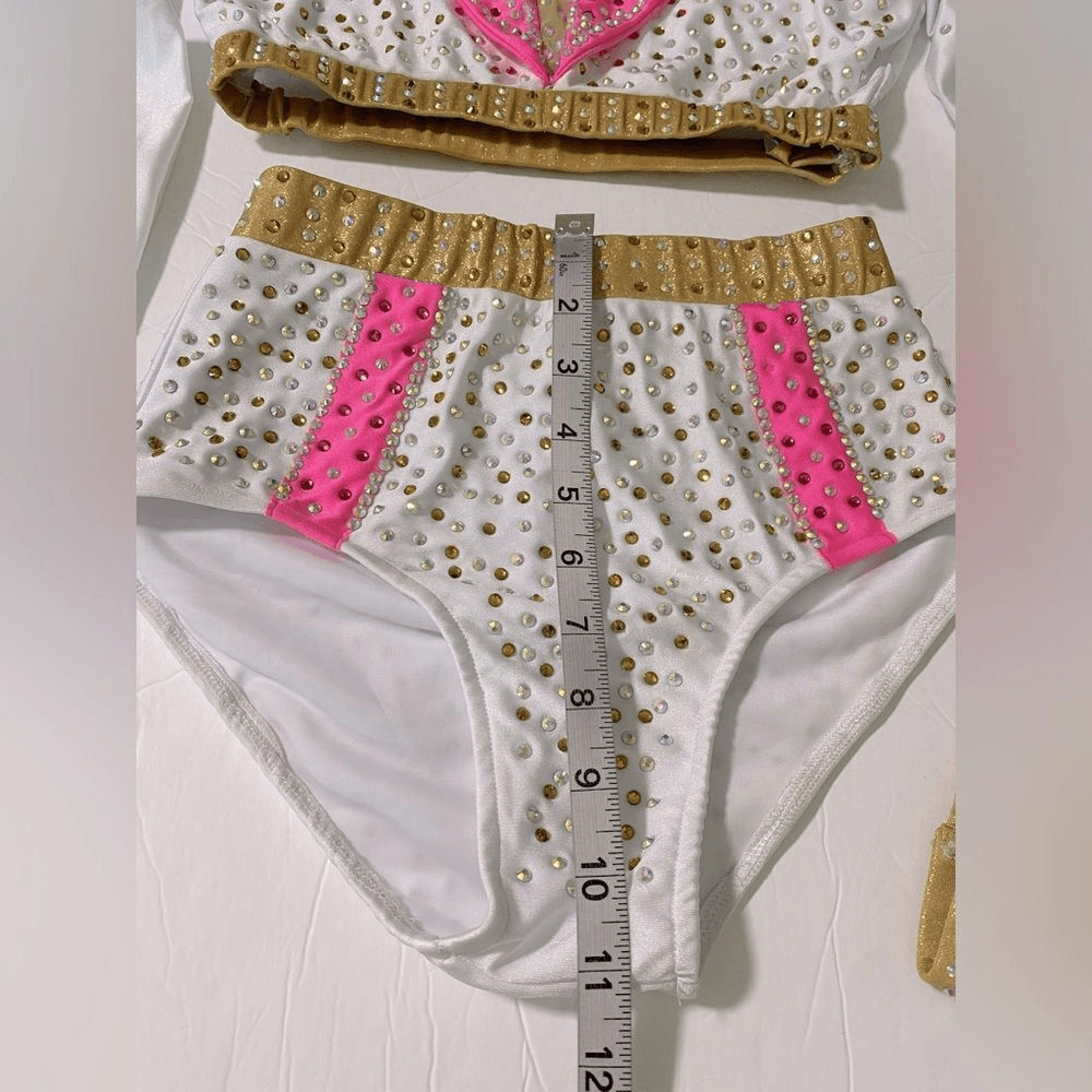 Glamour Solo Dance Costume Elvis 2 Piece White Pink Rhinestoned SA Adult Jazz