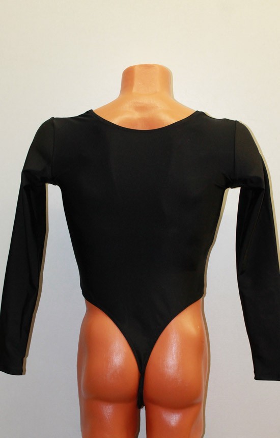 Men Thong Leotard 158-03 Long Sleeve Black Spandex Size L