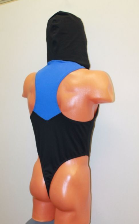 Men Thong Leotard 153-61 Hood Black and Blue Spandex Size M