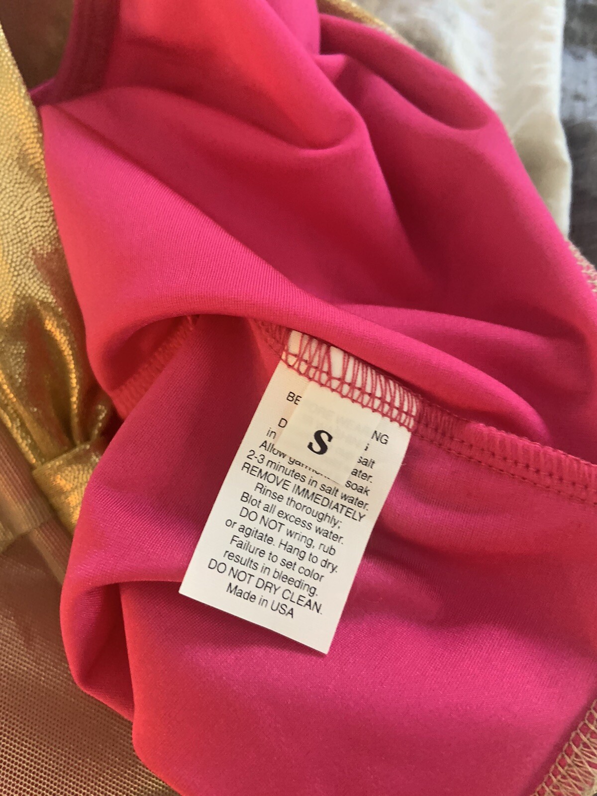 Small DANCE Contemporary Lyrical 2 Pc Mesh Pants sequin bra, top, gold, fuchsia