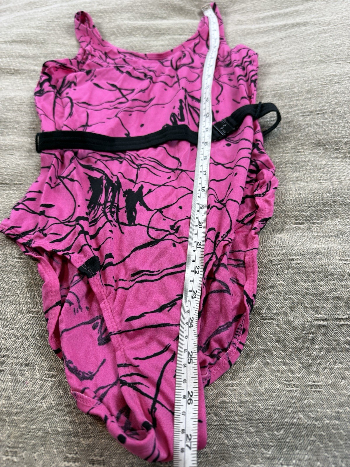 Authentic Vintage 1980s Neon Hot Pink And Black Belted Graffiti Leotard Swimsuit
