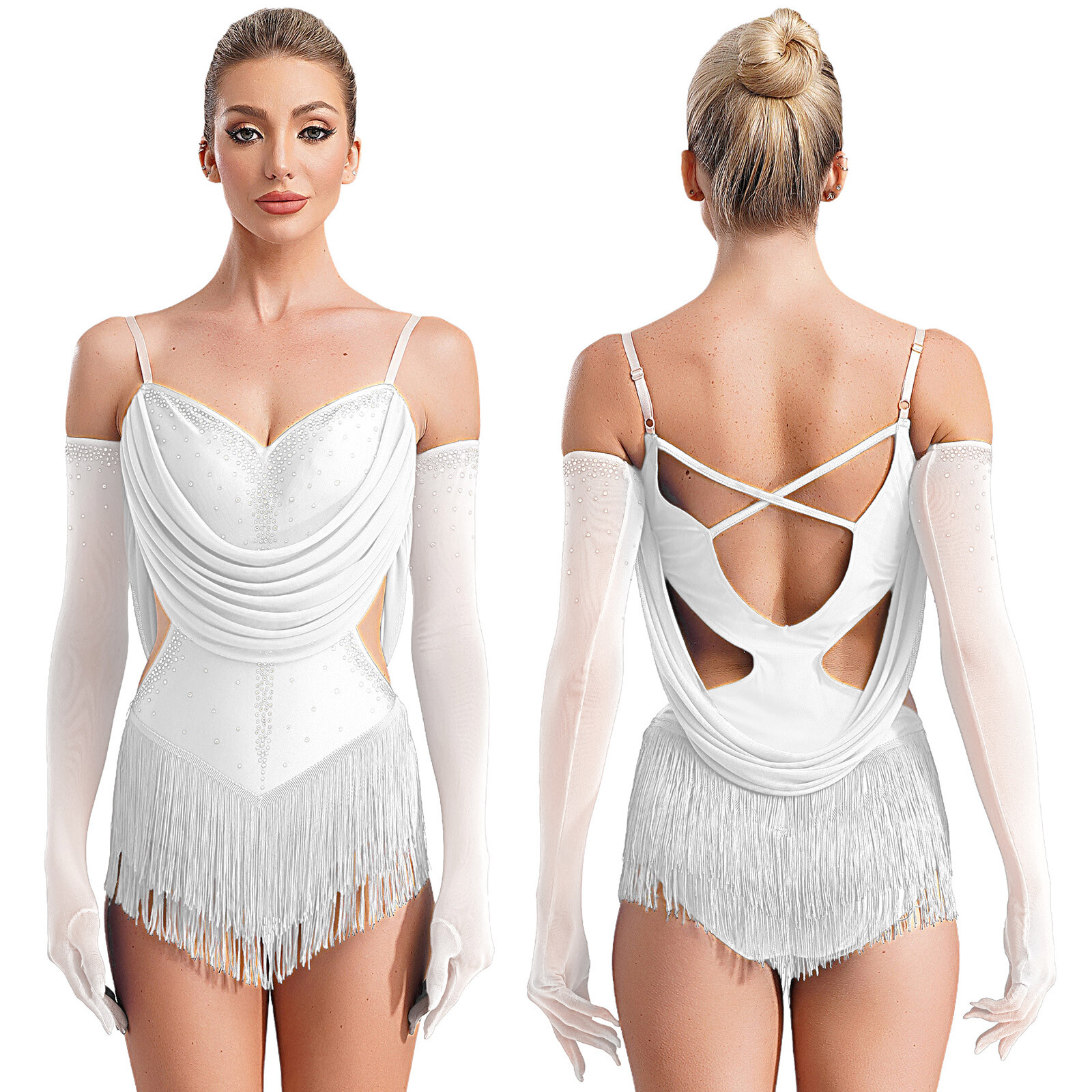 Womens Fringed Latin Jazz Dance Dress with Gloves Samba Tango Bodysuit Costume