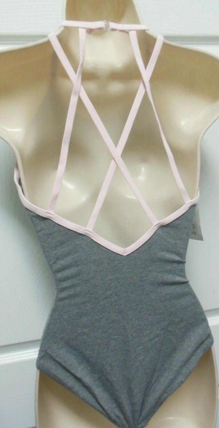 STRAPPY BACK CAMISOLE LEOTARD RHINESTONES Pink Trim Heather Gray cottonSpandex
