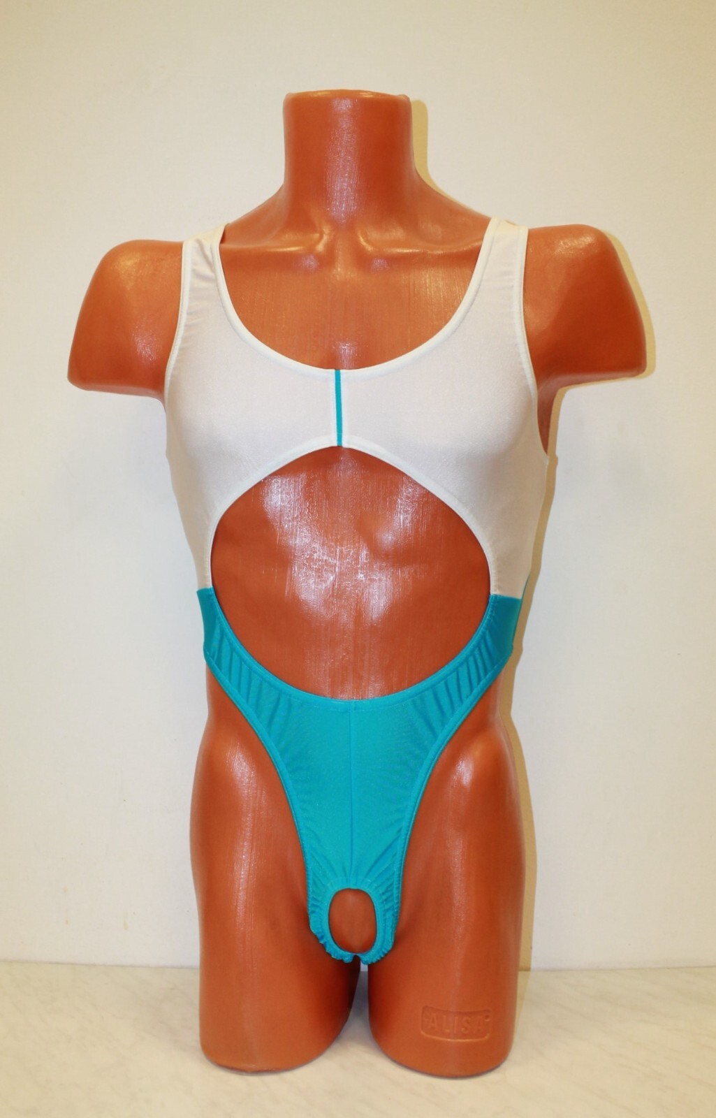 Men Thong Leotard 151-53 Hole Crotch Whiye and Blue Spandex Size M