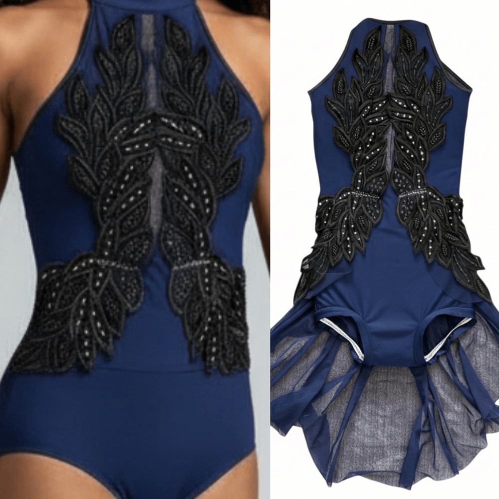 Custom navy blue Dance Costume embellished rhinestoned lyrical dress adult SA
