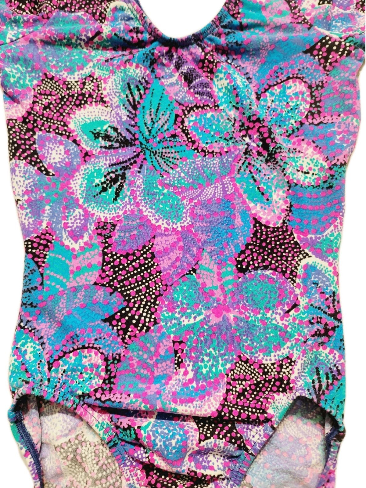 GK Elite VTG Vibrant Blue Pink Botanical Cotton LS Leotard Bodysuit AS Adult S