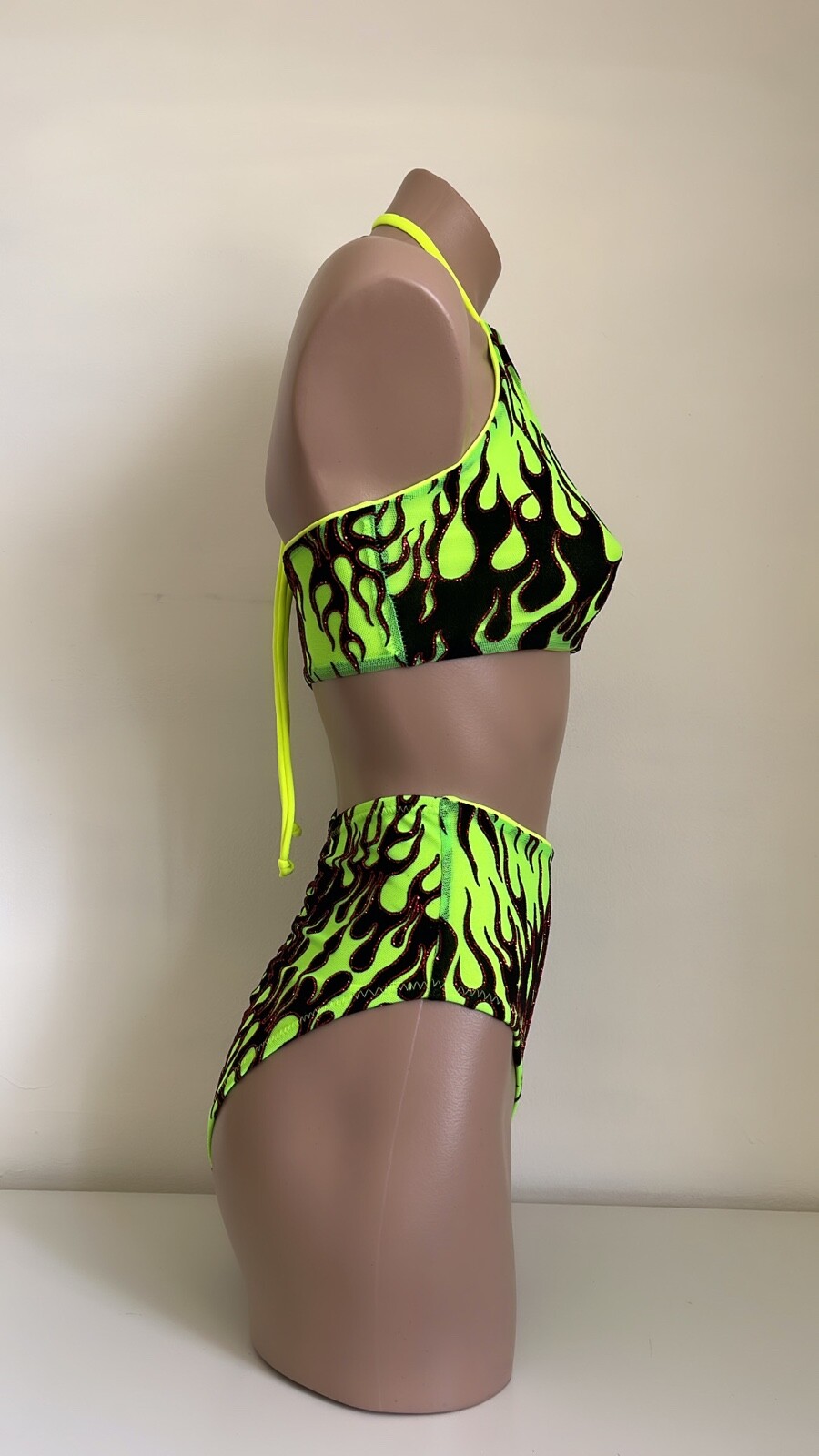 Schminke 🔥 Flames fire pole dance wear mesh UV neon halter crop top & bottoms