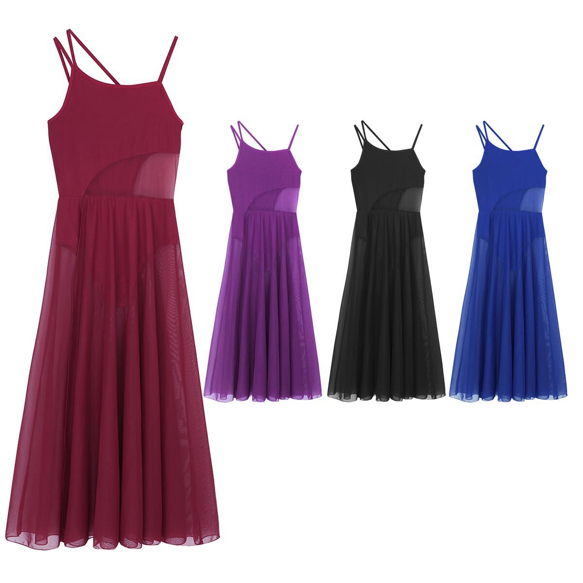 Women Ladies Camisole Lyrical Ballet Dance Dress Leotard Costume with Mesh Panel