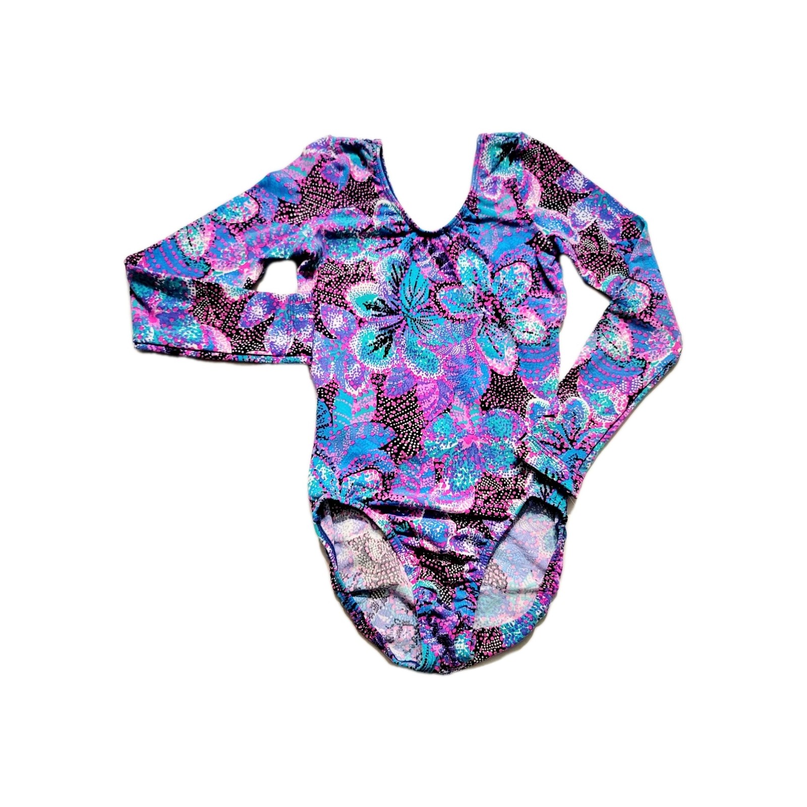 GK Elite VTG Vibrant Blue Pink Botanical Cotton LS Leotard Bodysuit AS Adult S