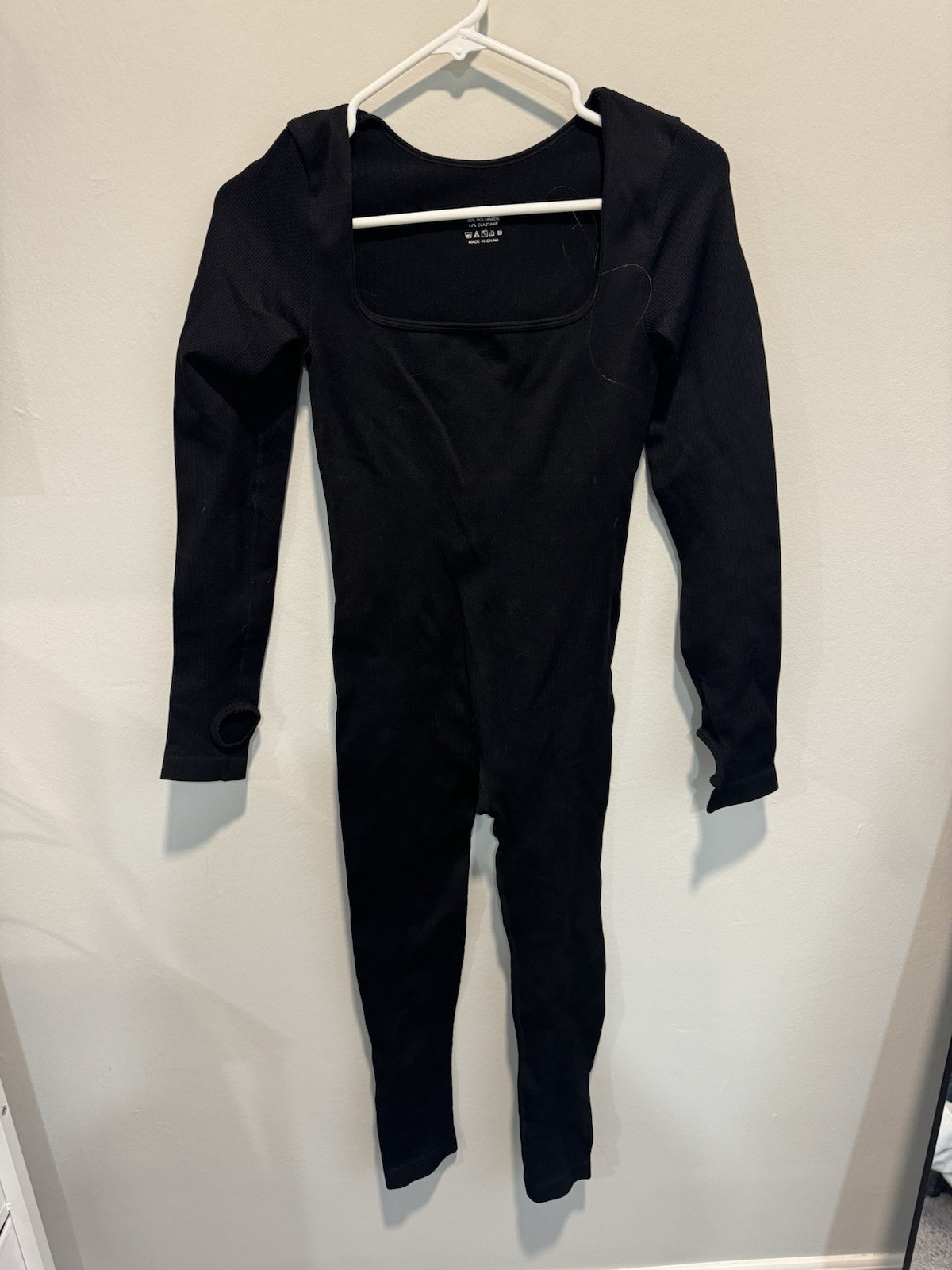 Women’s Black Ribbed Long Sleeve Full-Length Unitard Solid Polyamide Blend