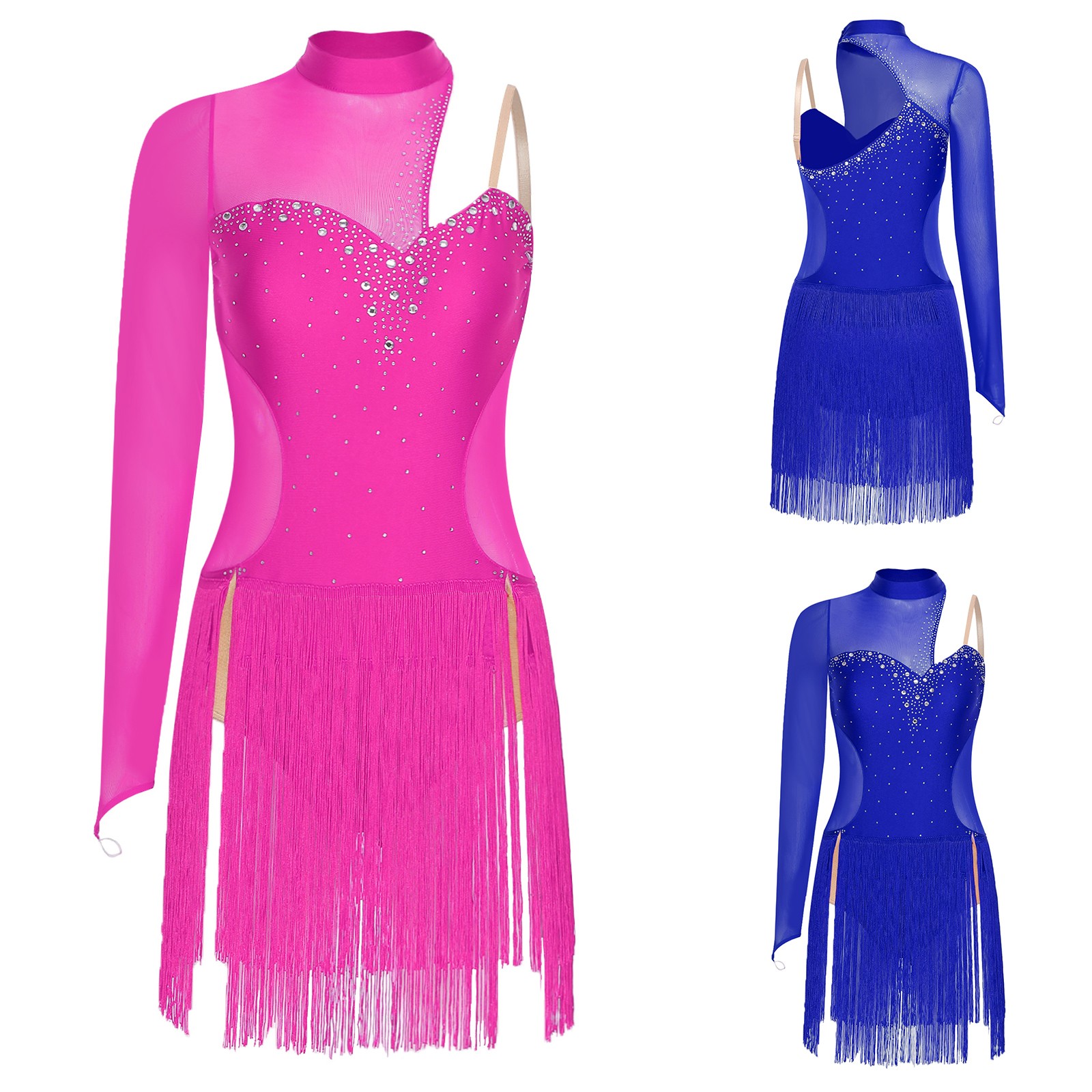 Women’s Ballroom Dance Dress Single Sleeve Asymmetrical Fringed Dress Dancewear