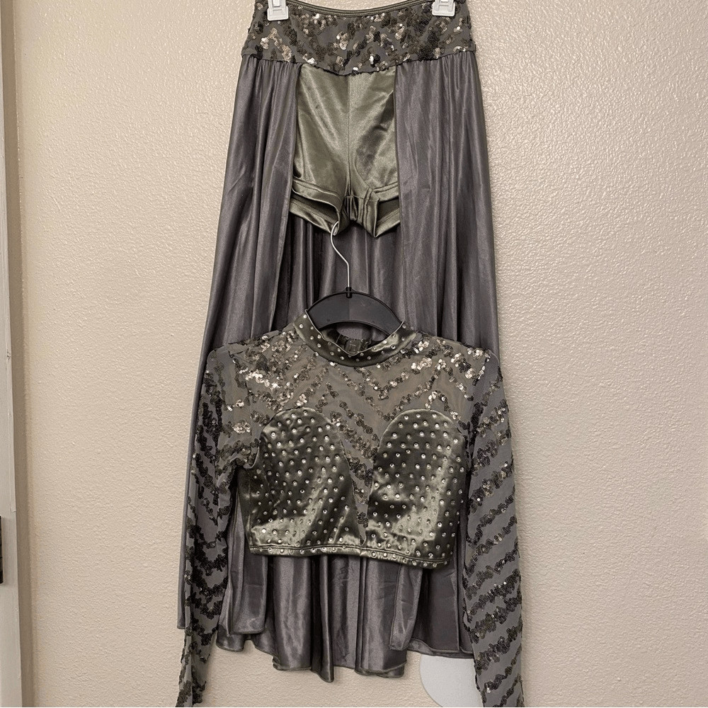Glamour solo dance costume custom silver gray 2 piece maxi skirt crop top XLC