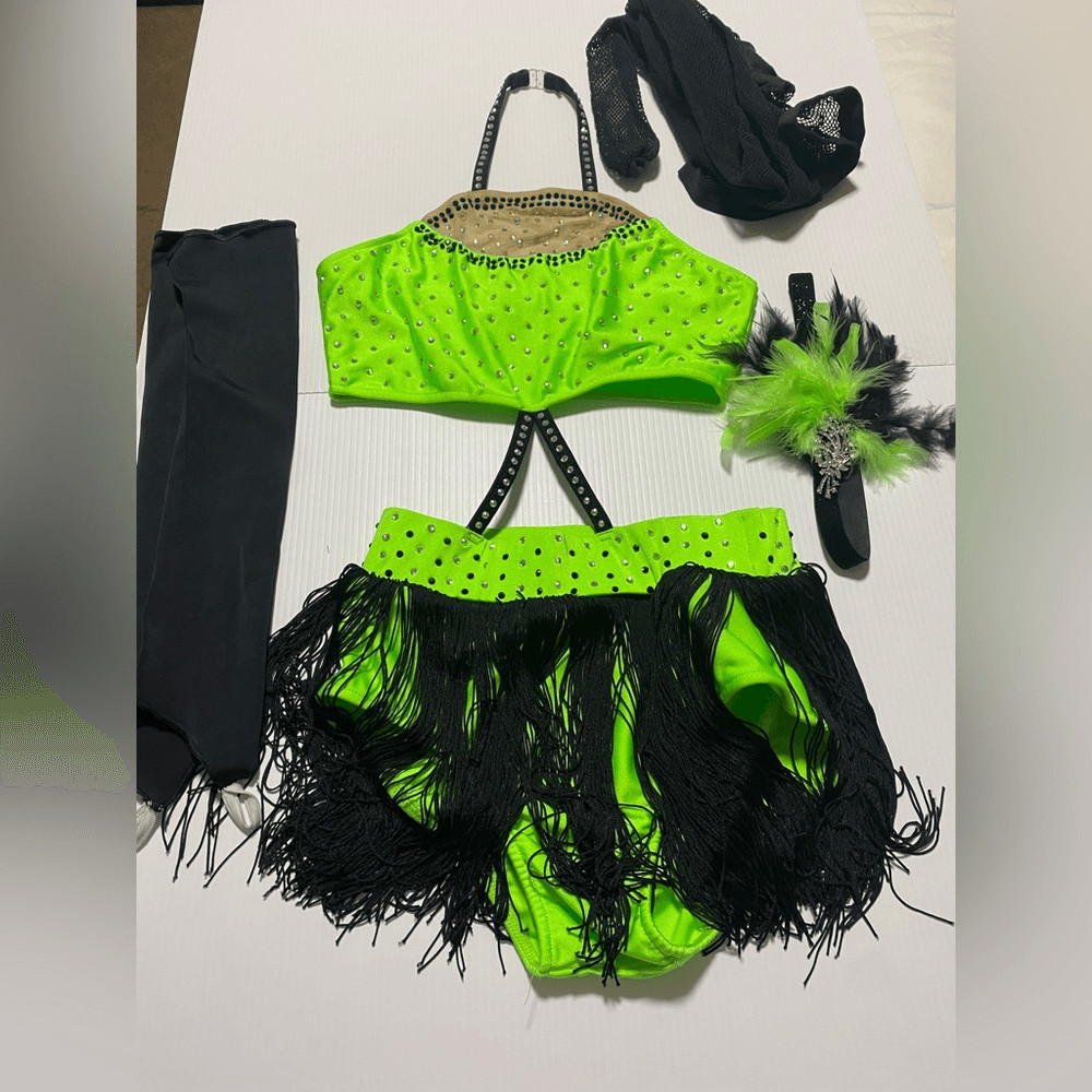 Glamour solo dance costume leotard neon green embellished rhinestoned SA adult