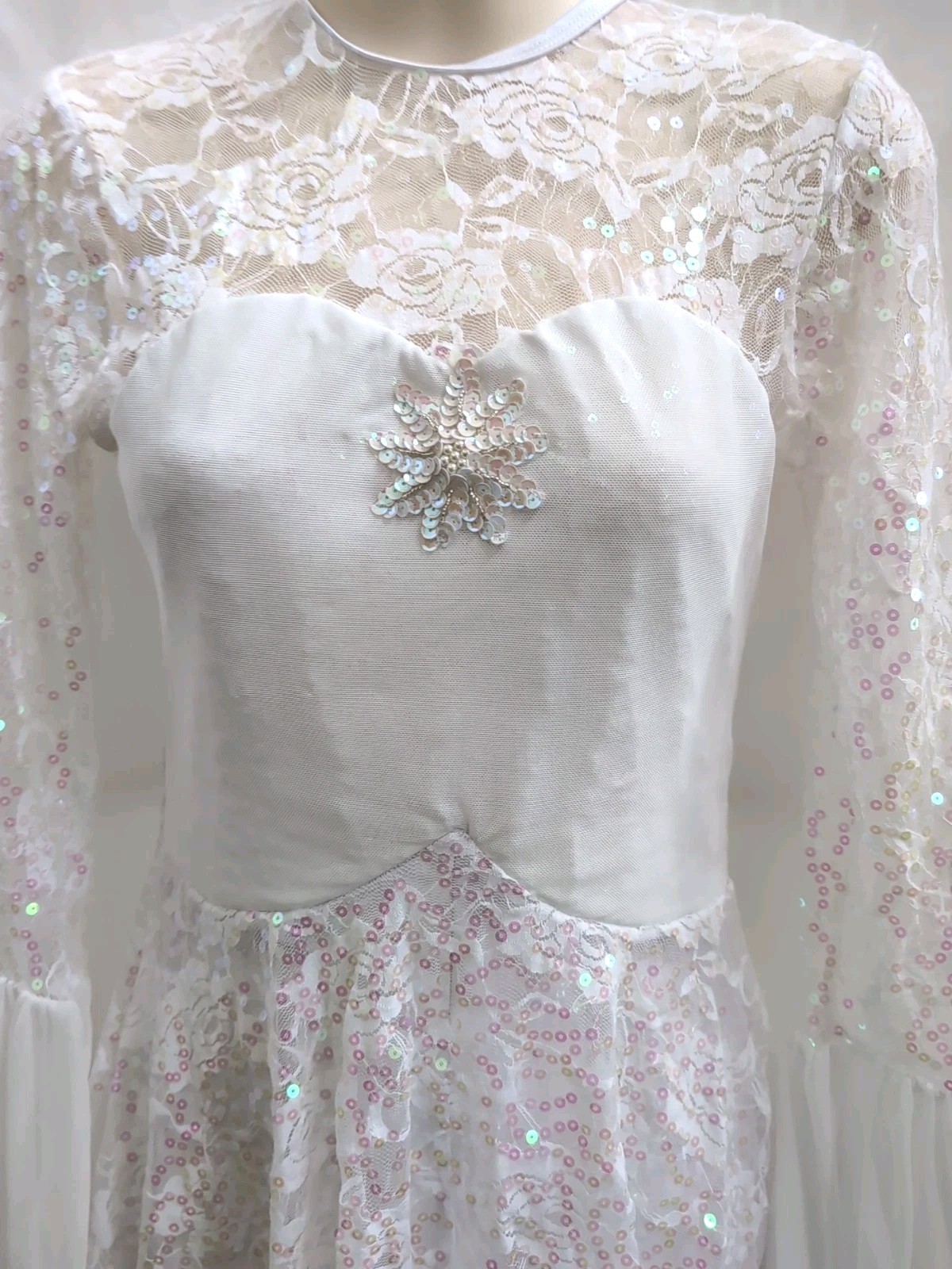 White Lace Pink Sequin Lyrical Dance Costume Dress Long Sleeve Small Adult SA