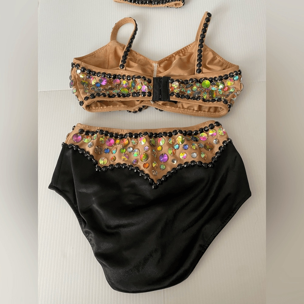 Glamour gold black solo 2 piece embellished Dance Costume Leotard XLC child