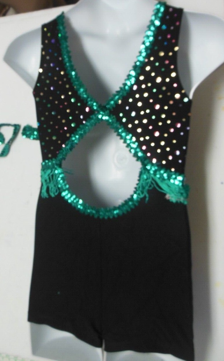 Dance Costume SHORTY UNITARD LADIES SPOTLIGHT FOIL JADE Green SEQUIN FRINGE