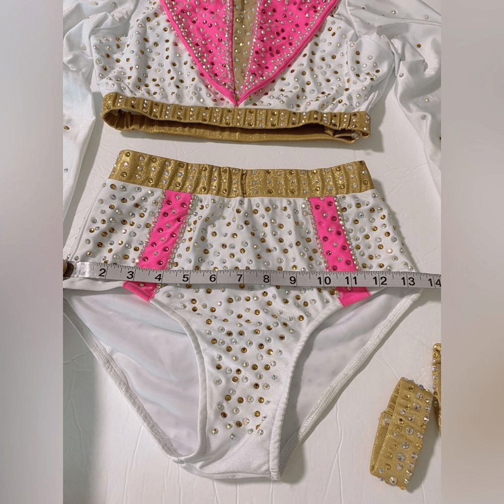 Glamour Solo Dance Costume Elvis 2 Piece White Pink Rhinestoned SA Adult Jazz
