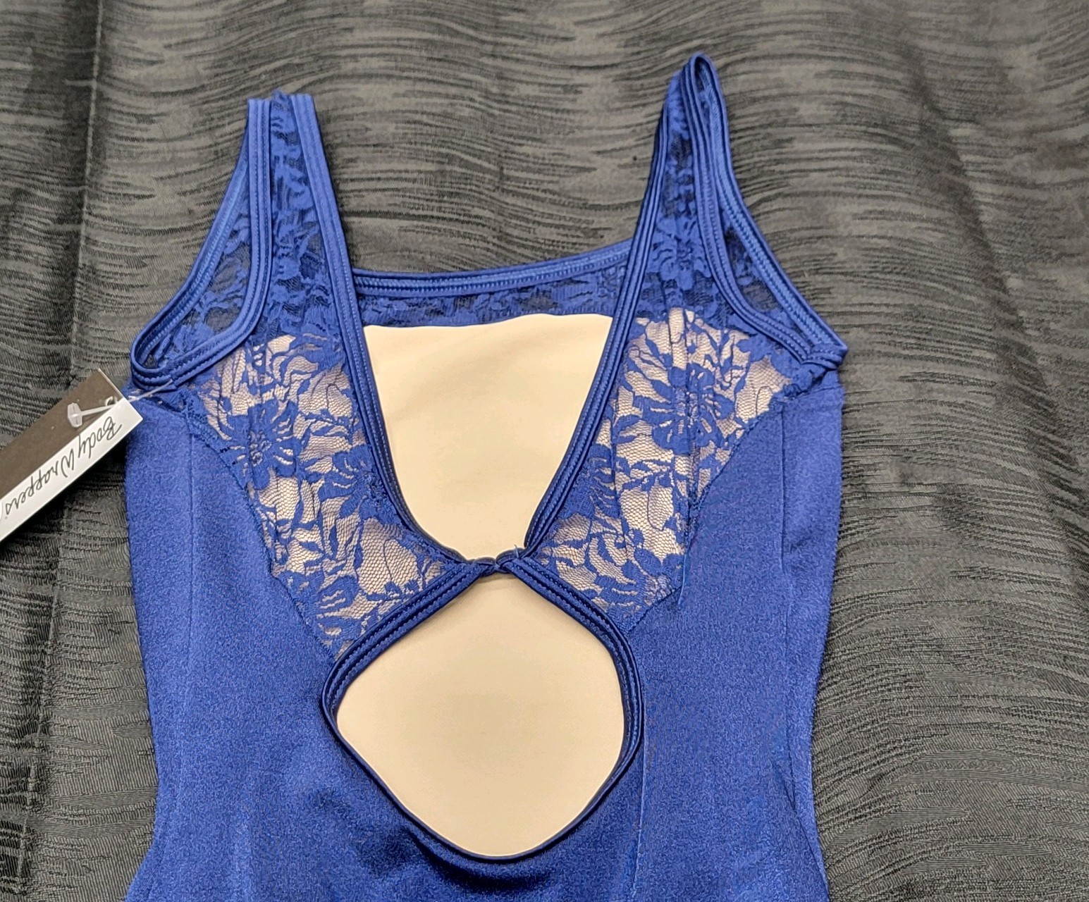 Body Wrappers Premiere Tank Leotard Navy Blue Floral Lace Neck Strap Back SZ XS