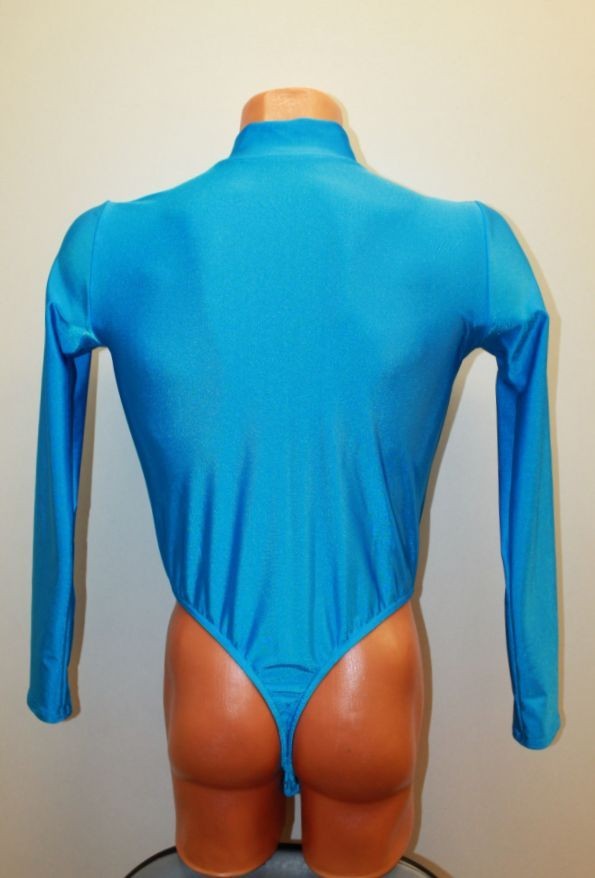 Men Thong Leotard 159-40 Long Sleeve Crotch Closure Blue Spandex Size L