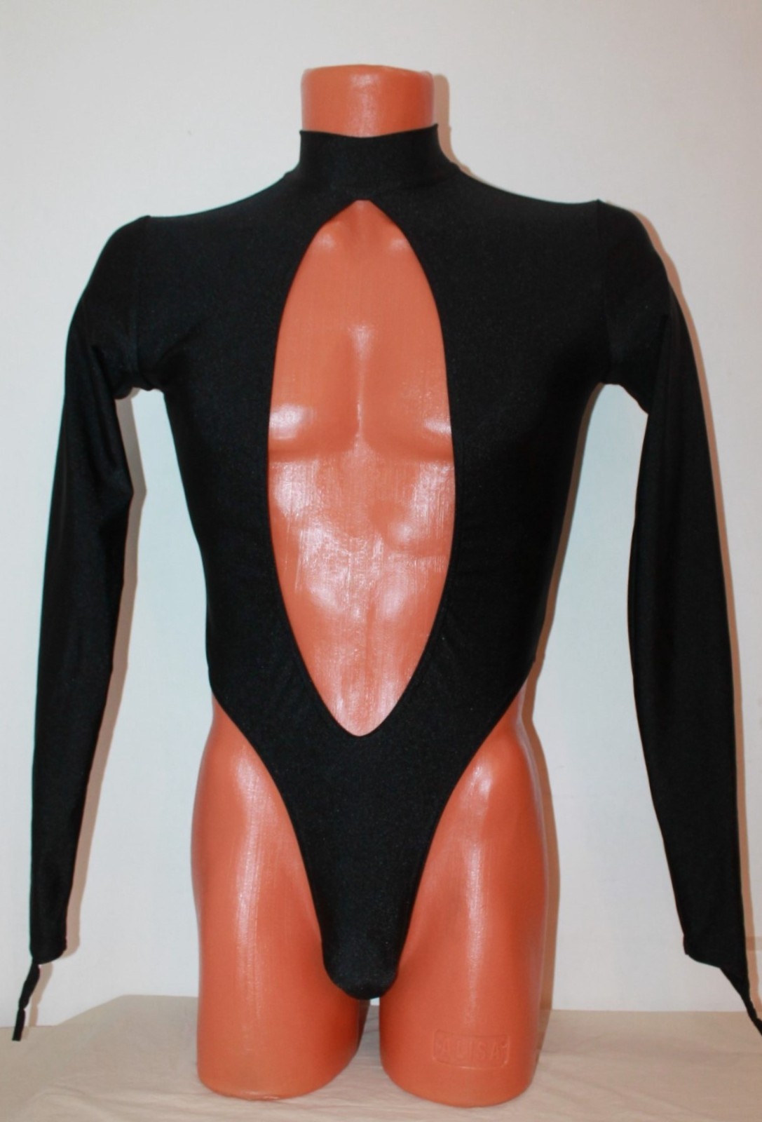 Men Thong Leotard 159-08 High Collar Open Front and Back Black Spandex Size M