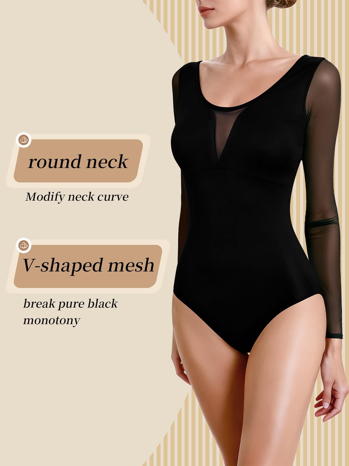 V Series Women Mesh Long Sleeve Dance Leotard Round Neck, Lace Splicing, Holl…