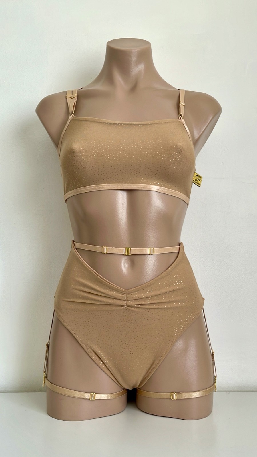 Schminke 👄 pole dance wear sheer nude gold mesh crop top & bottoms high waist