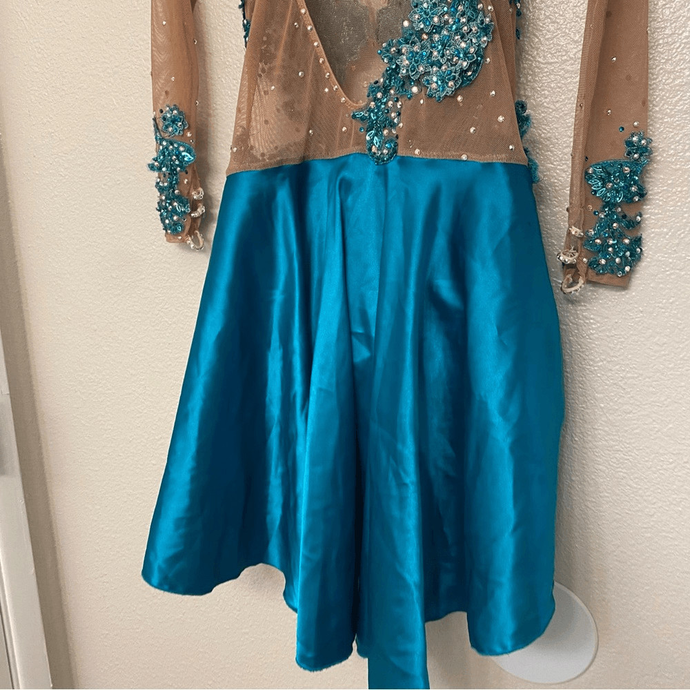 Custom solo dance costume leotard dress lyrical teal rhinestone embellished XSA