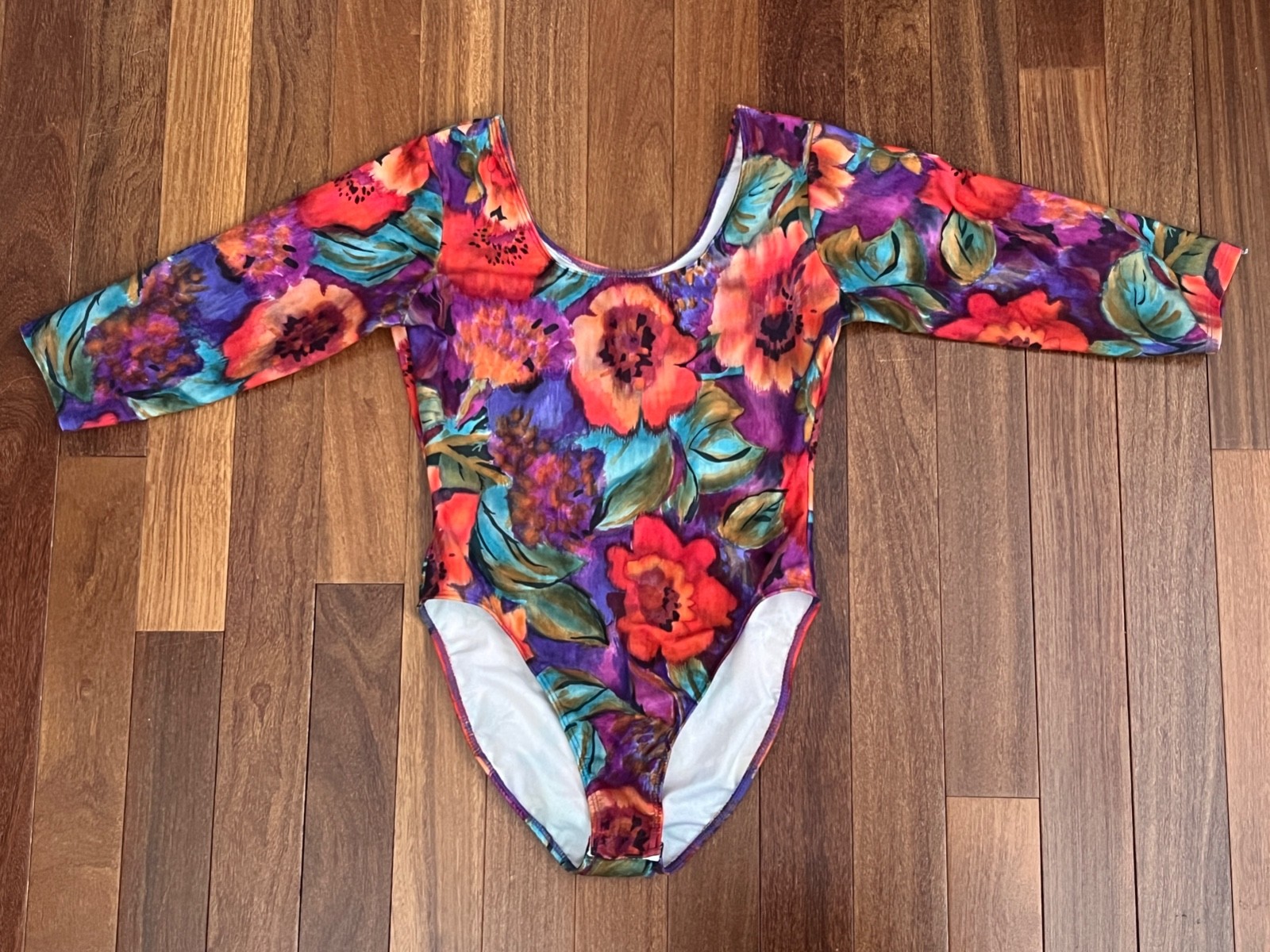 Vintage 80s Retro Vital Aerobic Wear Hi Leg Floral Leotard One Piece Bodysuit L