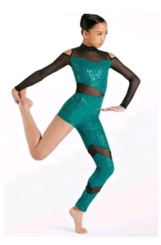 WEISSMAN Gamelan Dance Unitard Sheer One Leg Green Sequined Girl M Sz MC RN64830