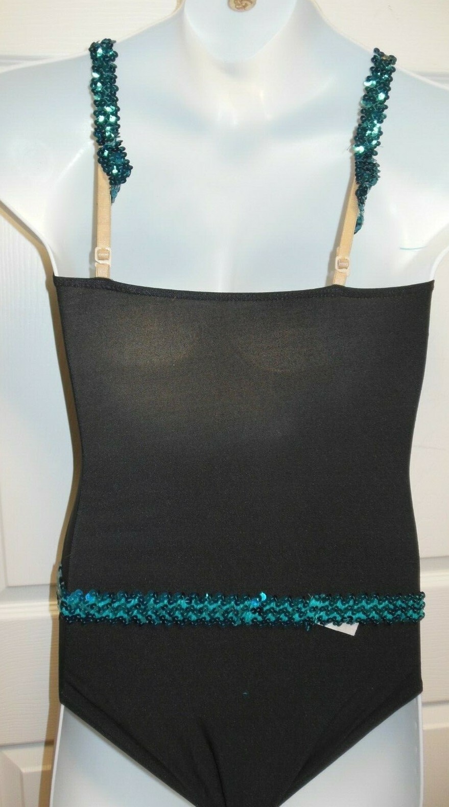 Dance Costume Leotard Turquoise glittered slinky Ladies Medium Sequin trim